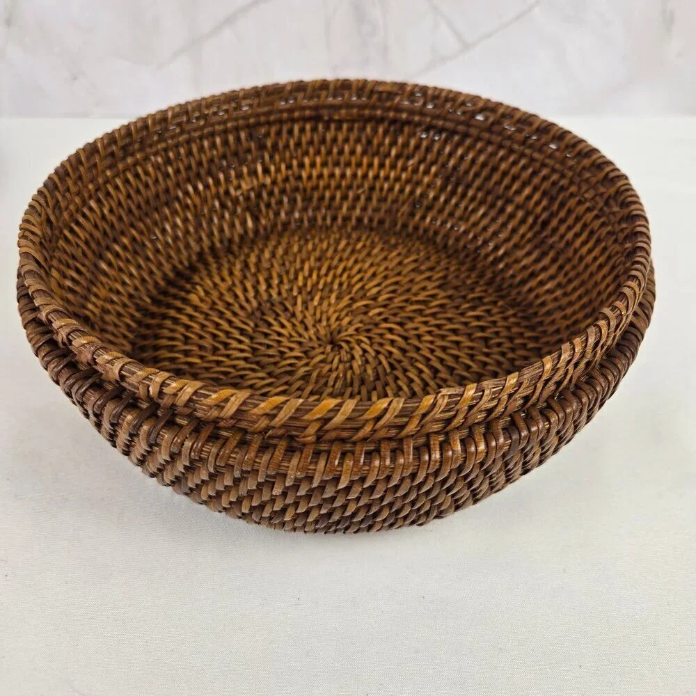 Vintage Chinese Sewing Basket Brown Handmade Round Wicker Glass Bead Accents